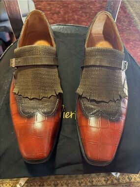 Men's Orange & Green Crocodile Print Calf Kiltie Monkstrap Slip-On Loafers